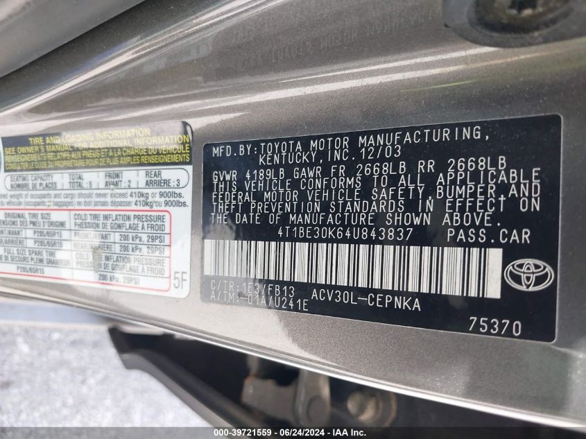 2004 Toyota Camry Le VIN: 4T1BE30K64U843837 Lot: 39721559