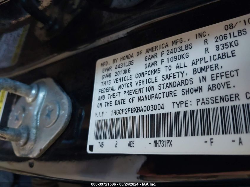 2011 Honda Accord 2.4 Ex-L VIN: 1HGCP2F8XBA003004 Lot: 39721586