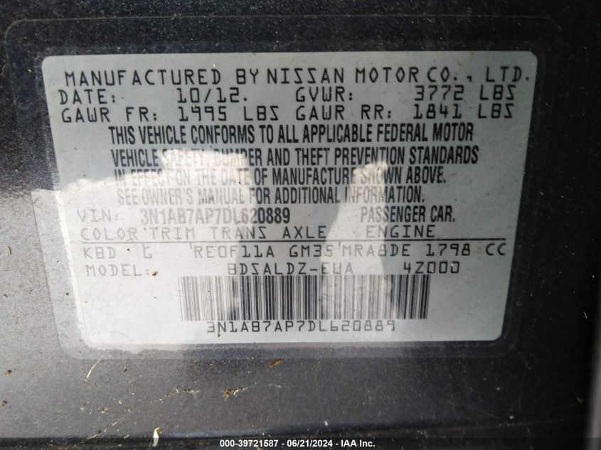 2013 Nissan Sentra Sv VIN: 3N1AB7AP7DL620889 Lot: 39721587