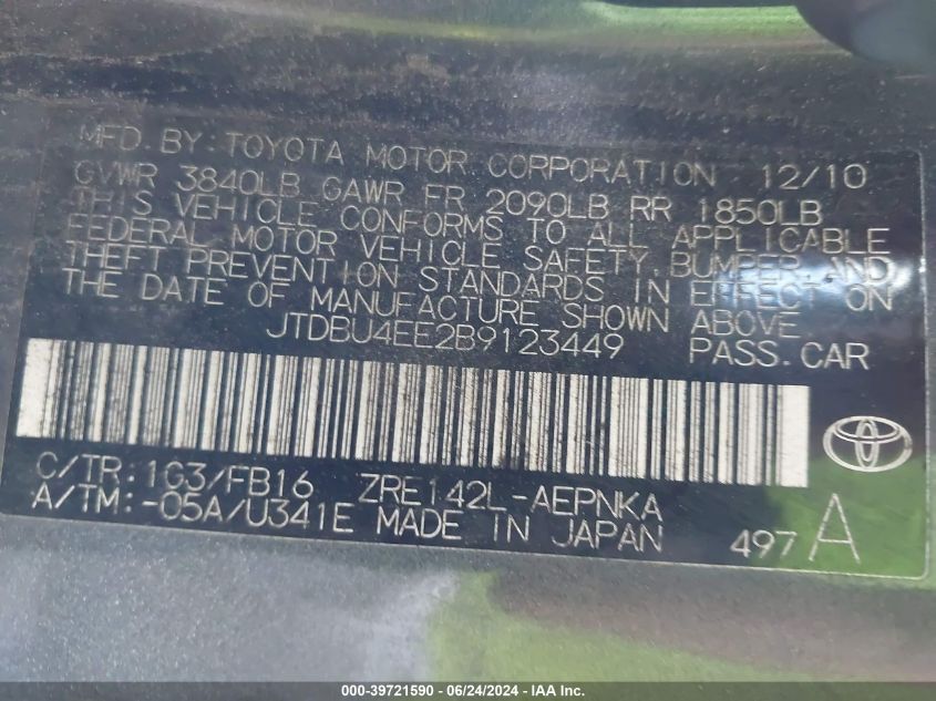 2011 Toyota Corolla Le VIN: JTDBU4EE2B9123449 Lot: 39721590