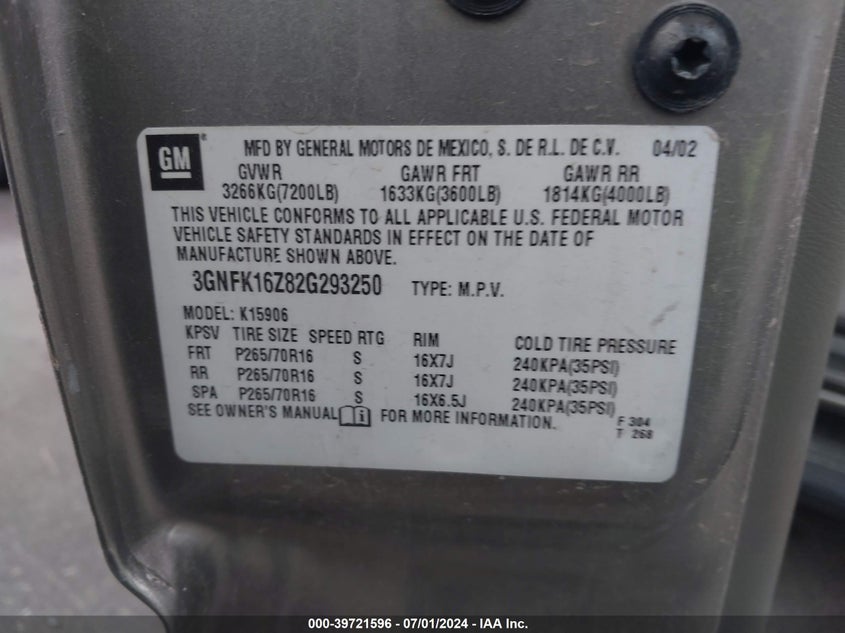 2002 Chevrolet Suburban 1500 Lt VIN: 3GNFK16Z82G293250 Lot: 39721596