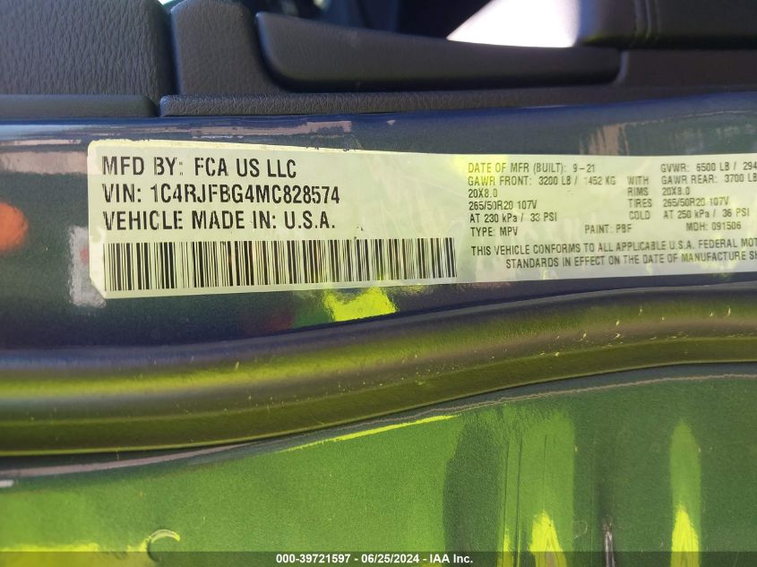 2021 Jeep Grand Cherokee Limited VIN: 1C4RJFBG4MC828574 Lot: 39721597