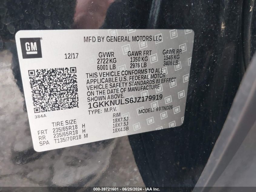 2018 GMC Acadia Slt-1 VIN: 1GKKNULS6JZ179919 Lot: 39721601