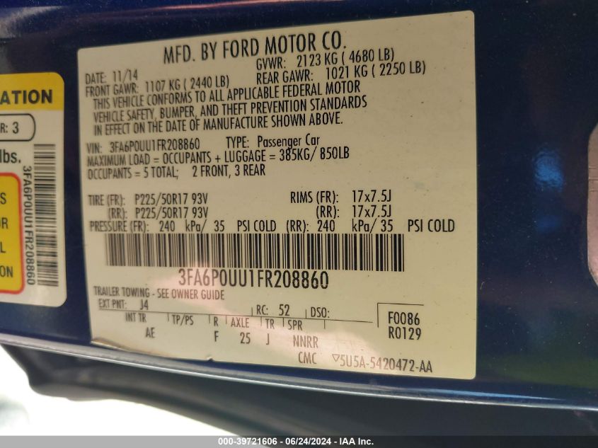 2015 Ford Fusion Hybrid S VIN: 3FA6P0UU1FR208860 Lot: 39721606