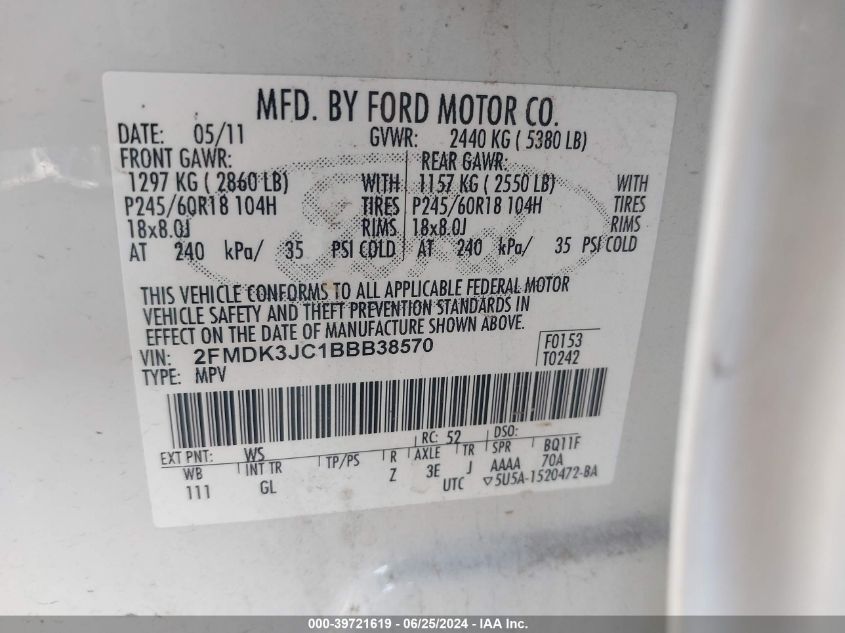 2011 Ford Edge Sel VIN: 2FMDK3JC1BBB38570 Lot: 39721619