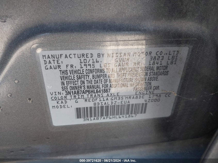 2017 Nissan Sentra Sv VIN: 3N1AB7AP6HL641867 Lot: 39721620