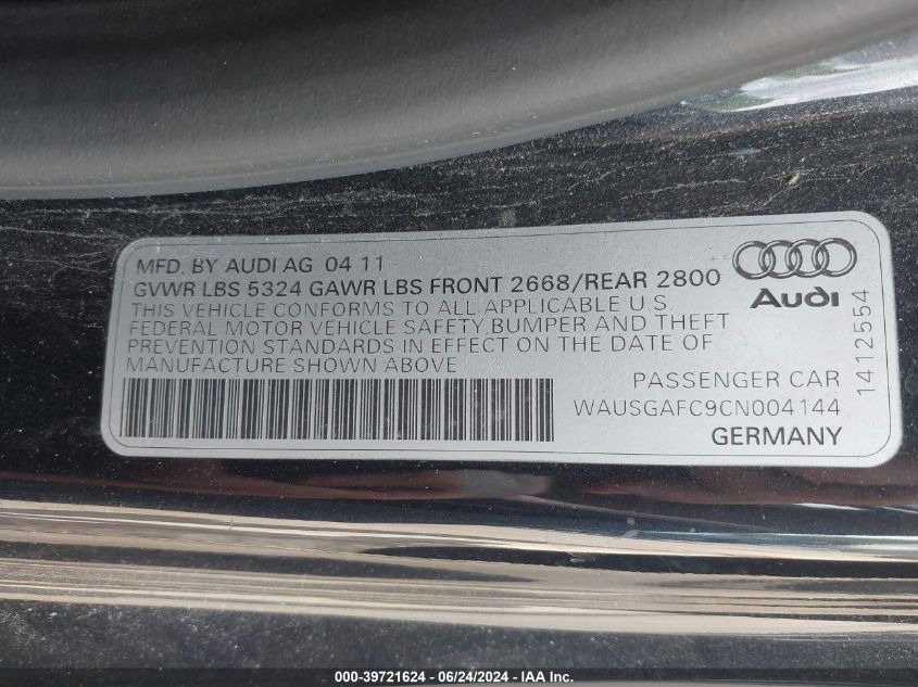 2012 Audi A7 Premium VIN: WAUSGAFC9CN004144 Lot: 39721624