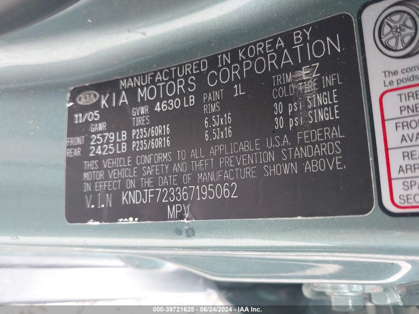 2006 Kia Sportage Ex V6/Lx V6 VIN: KNDJF723367195062 Lot: 39721625