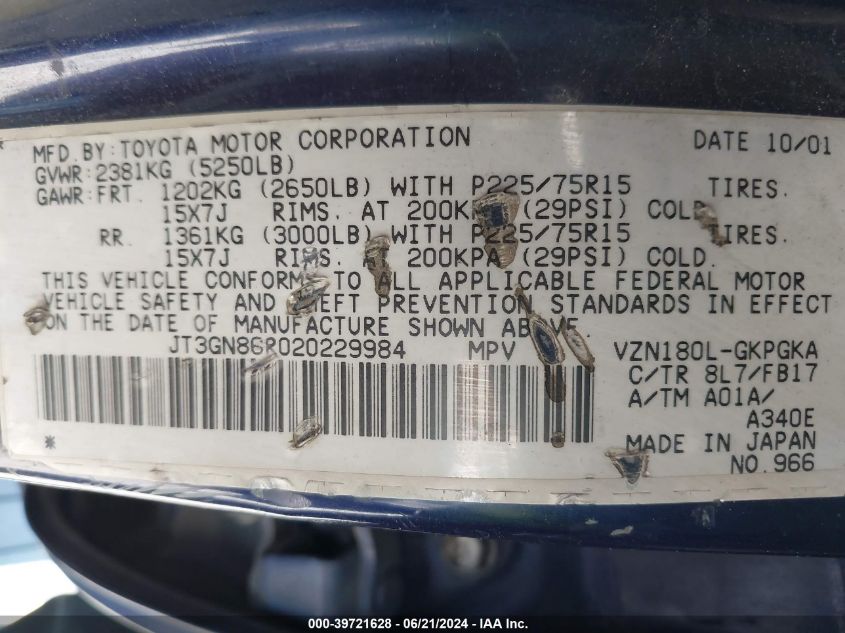 2002 Toyota 4Runner Sr5 V6 VIN: JT3GN86R020229984 Lot: 39721628