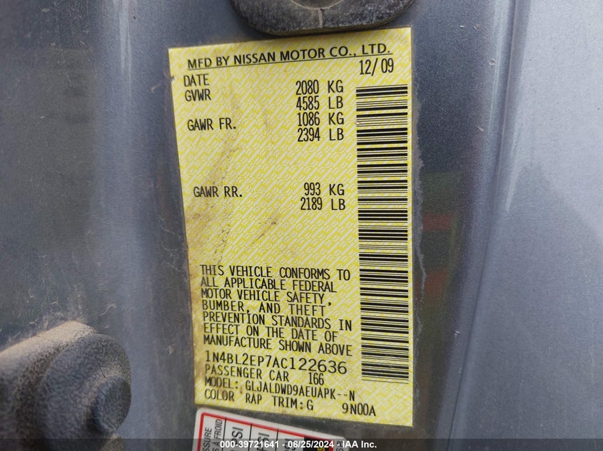 2010 Nissan Altima 3.5 Sr VIN: 1N4BL2EP7AC122636 Lot: 39721641