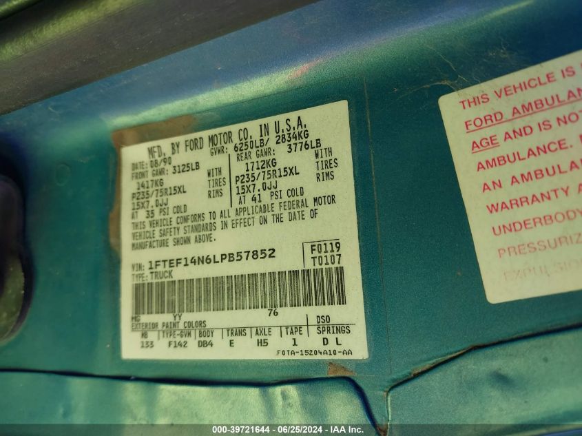 1990 Ford F150 VIN: 1FTEF14N6LPB57852 Lot: 39721644