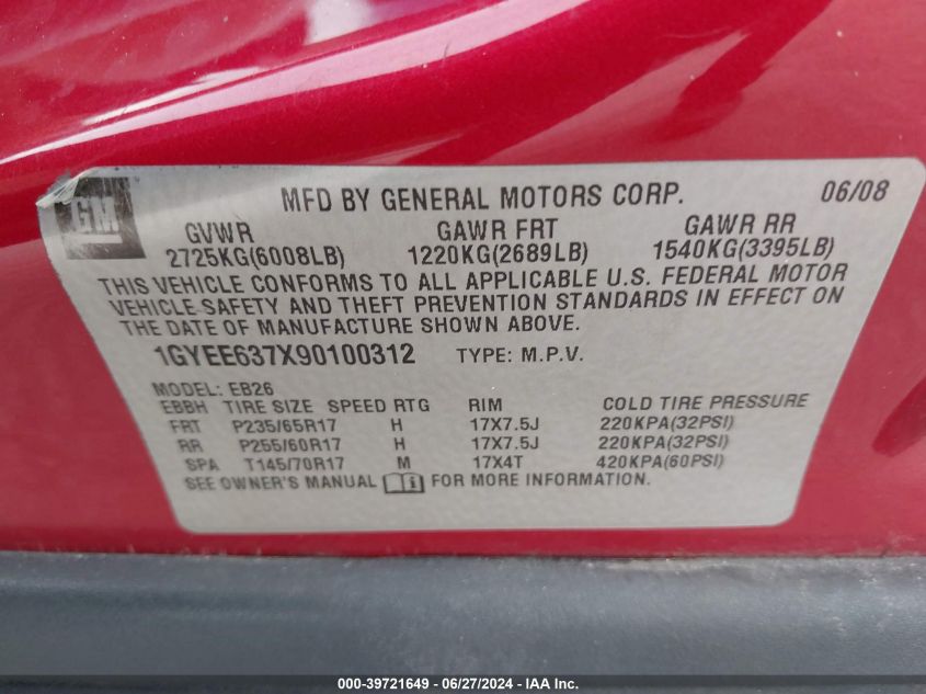 2009 Cadillac Srx V6 VIN: 1GYEE637X90100312 Lot: 39721649