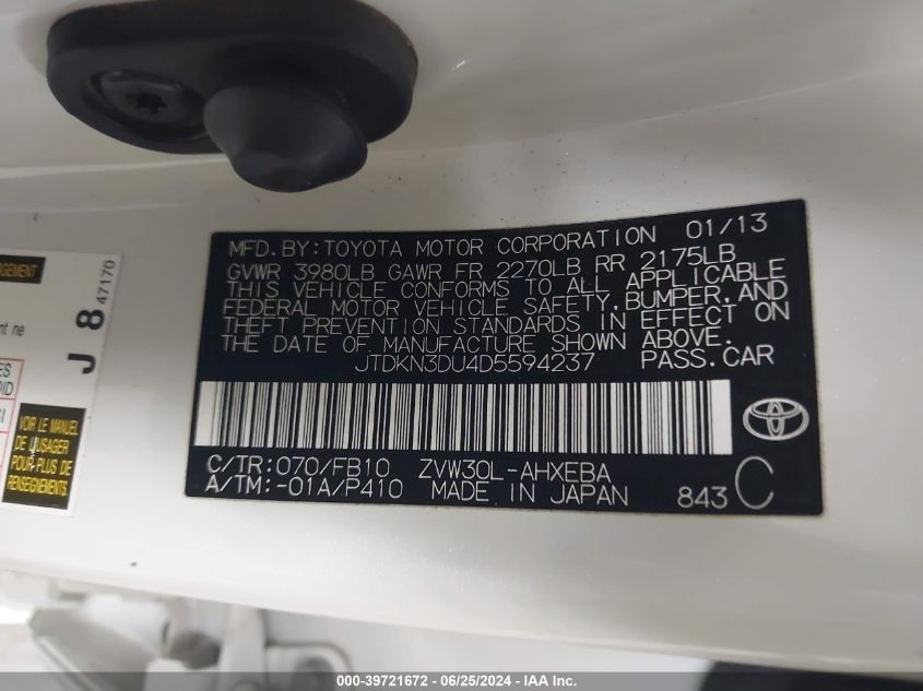 2013 Toyota Prius Two VIN: JTDKN3DU4D5594237 Lot: 39721672