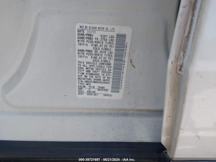 2012 Nissan Murano Sl VIN: JN8AZ1MW9CW209693 Lot: 39721697