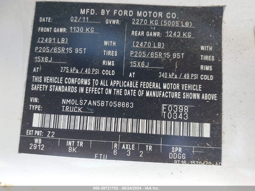 2011 Ford Transit Connect Xl VIN: NM0LS7AN5BT058663 Lot: 39721702