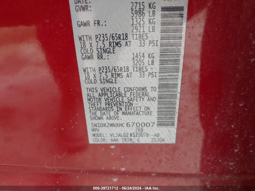 2017 Nissan Pathfinder Sl VIN: 5N1DR2MNXHC670007 Lot: 39721712