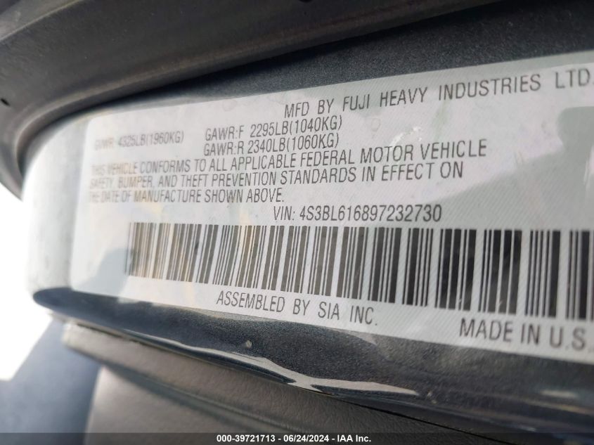 2009 Subaru Legacy 2.5I VIN: 4S3BL616897232730 Lot: 39721713