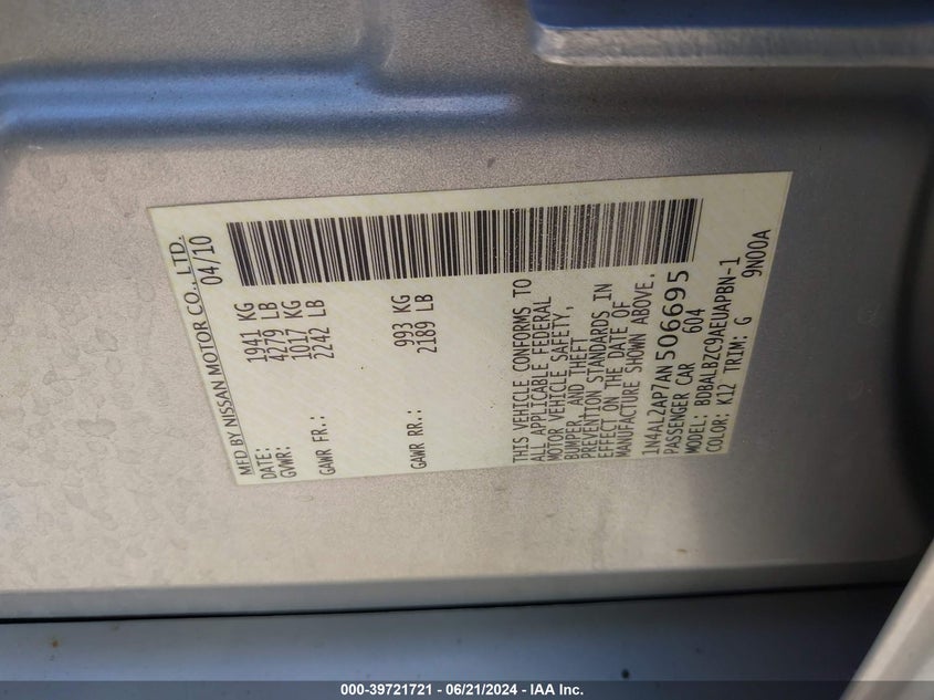 2010 Nissan Altima 2.5 S VIN: 1N4AL2AP7AN506695 Lot: 39721721