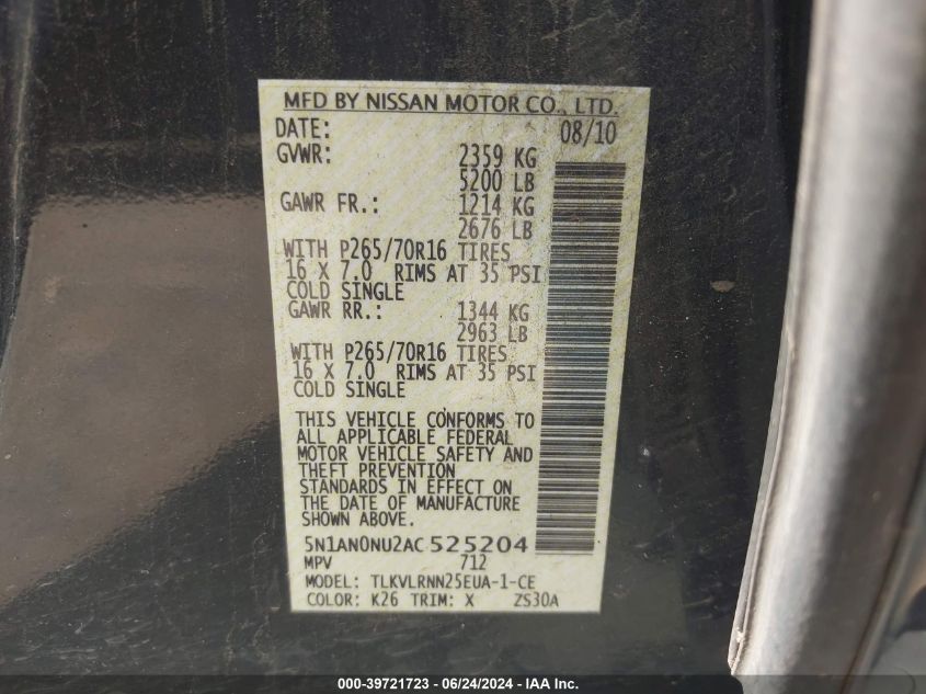 2010 Nissan Xterra S VIN: 5N1AN0NU2AC525204 Lot: 39721723