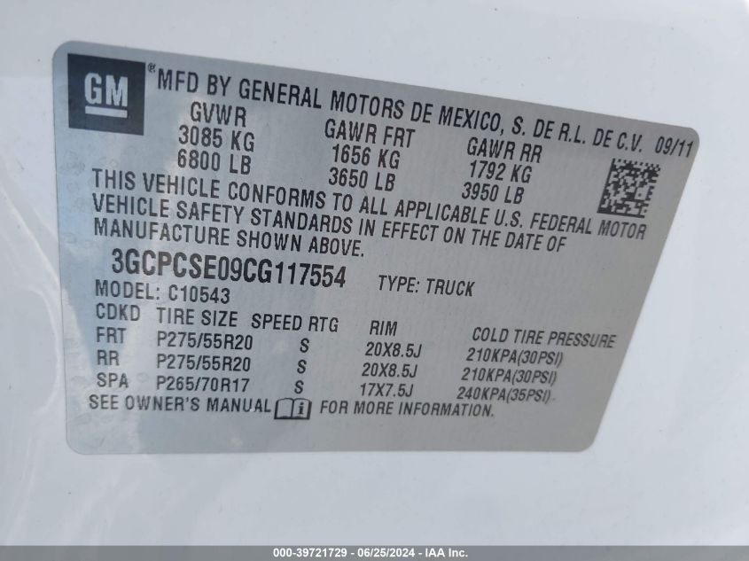 2012 Chevrolet Silverado 1500 Lt VIN: 3GCPCSE09CG117554 Lot: 39721729