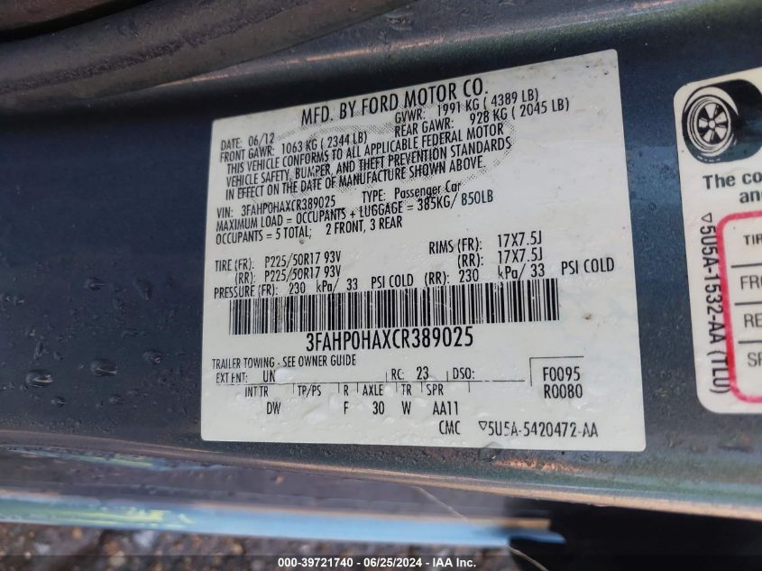 2012 Ford Fusion Se VIN: 3FAHP0HAXCR389025 Lot: 39721740