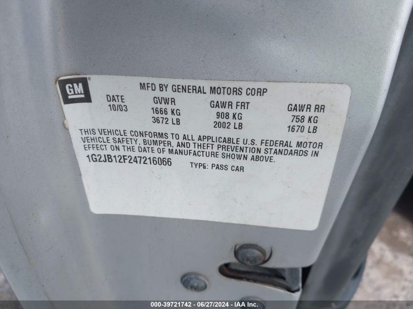 2004 Pontiac Sunfire VIN: 1G2JB12F247216066 Lot: 39721742