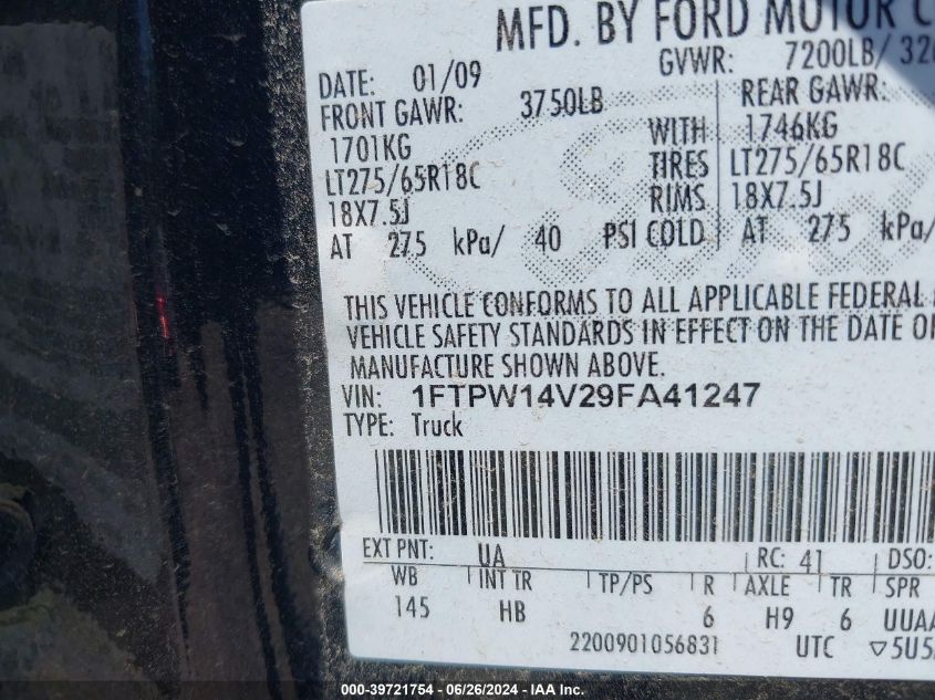 2009 Ford F-150 Fx4/King Ranch/Lariat/Platinum/Xl/Xlt VIN: 1FTPW14V29FA41247 Lot: 39721754