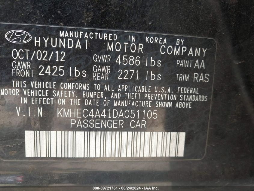 2013 Hyundai Sonata Hybrid VIN: KMHEC4A41DA051105 Lot: 39721761