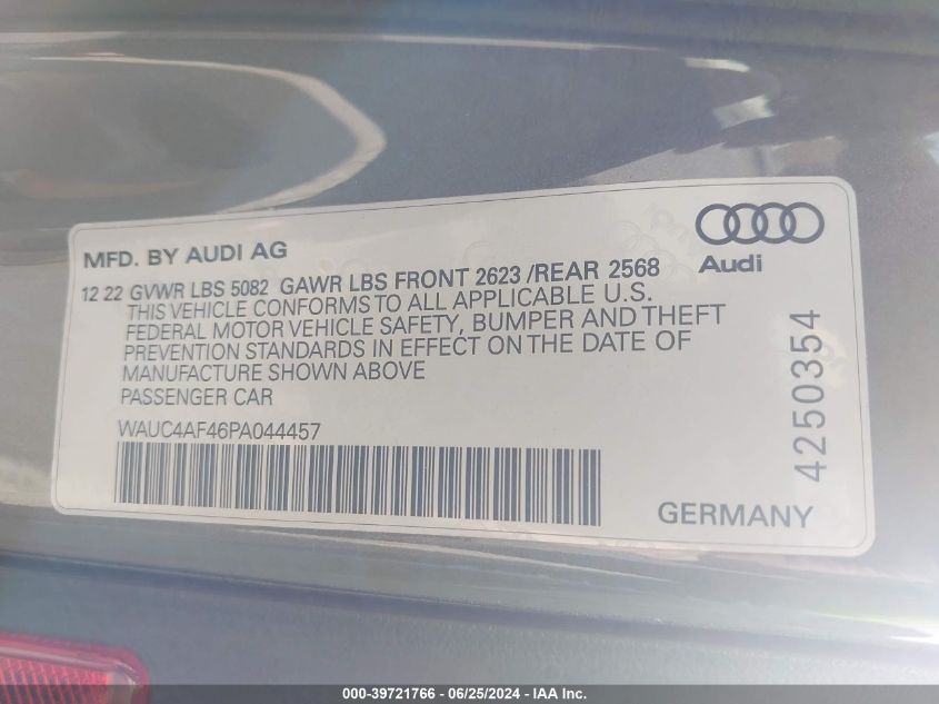 2023 Audi S4 Prestige VIN: WAUC4AF46PA044457 Lot: 39721766