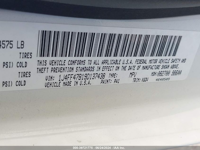 2009 Jeep Compass Sport VIN: 1J4FF47B19D137438 Lot: 39721775