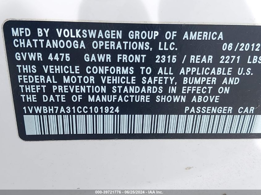 2012 Volkswagen Passat 2.5L Se VIN: 1VWBH7A31CC101924 Lot: 39721776