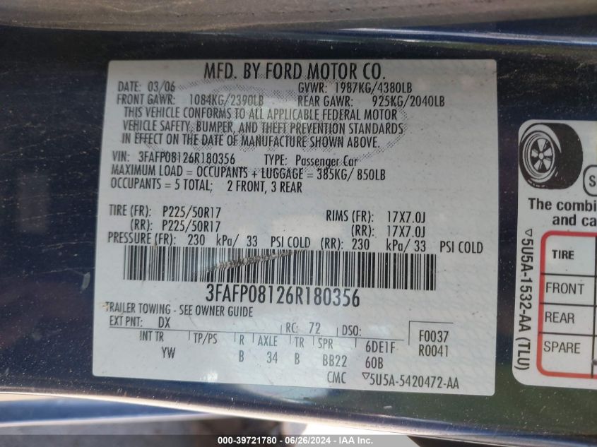 2006 Ford Fusion Sel VIN: 3FAFP08126R180356 Lot: 39721780