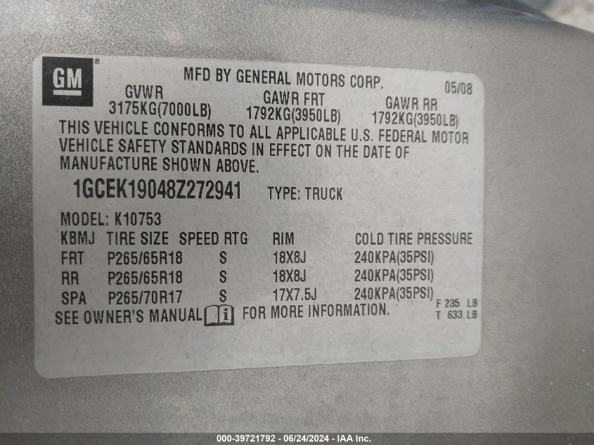 2008 Chevrolet Silverado 1500 Lt1 VIN: 1GCEK19048Z272941 Lot: 39721792