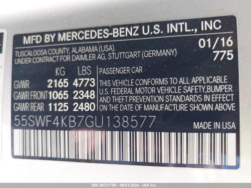 2016 Mercedes-Benz C 300 4Matic/Luxury 4Matic/Sport 4Matic VIN: 55SWF4KB7GU138577 Lot: 39721795