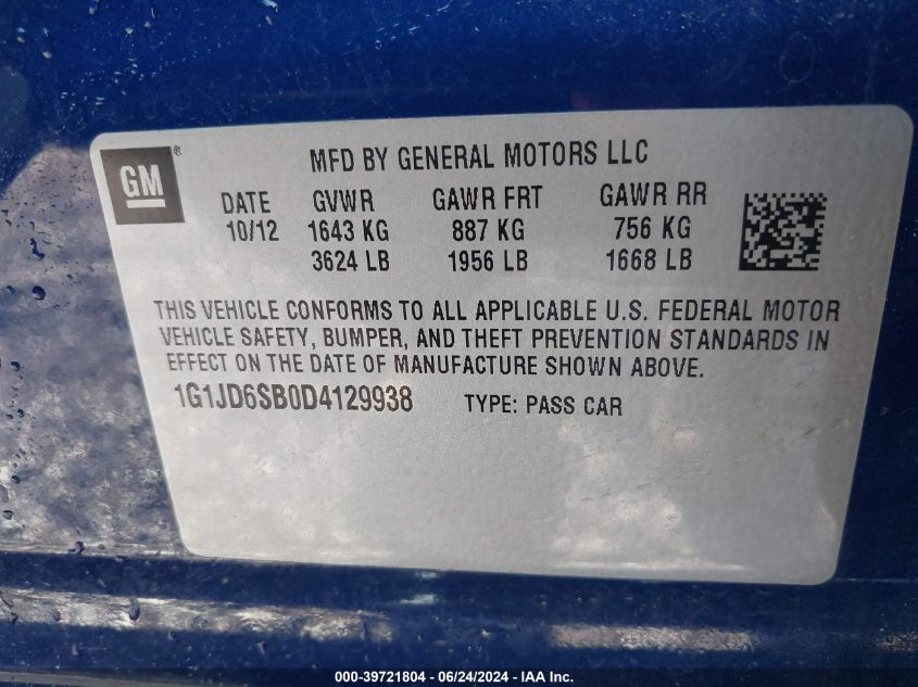 2013 Chevrolet Sonic Lt Manual VIN: 1G1JD6SB0D4129938 Lot: 39721804