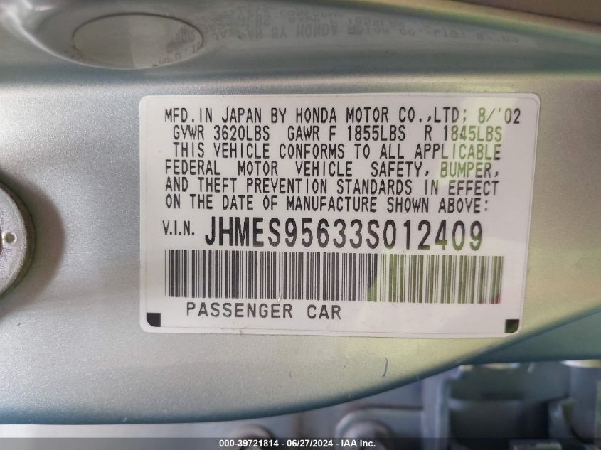 2003 Honda Civic Hybrid VIN: JHMES95633S012409 Lot: 39721814