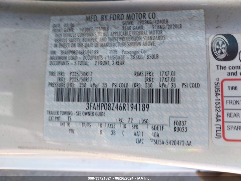 2006 Ford Fusion Sel VIN: 3FAHP08Z46R194189 Lot: 39721821