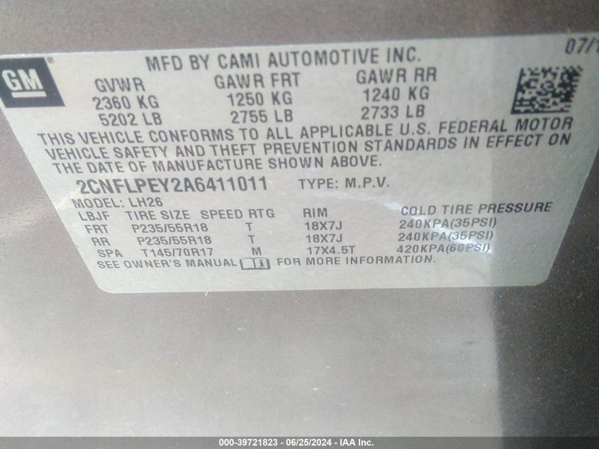 2010 Chevrolet Equinox Lt VIN: 2CNFLPEY2A6411011 Lot: 39721823