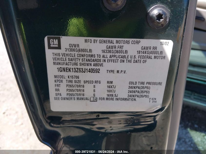 2003 Chevrolet Tahoe Lt VIN: 1GNEK13Z63J140592 Lot: 39721831