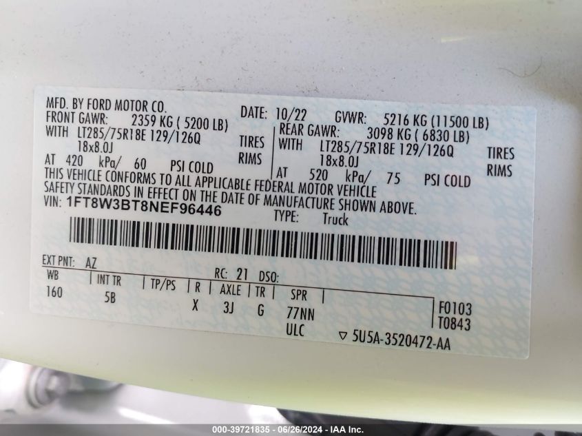 2022 Ford F-350 Lariat VIN: 1FT8W3BT8NEF96446 Lot: 39721835
