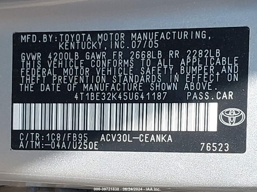 2005 Toyota Camry Std VIN: 4T1BE32K45U641187 Lot: 39721838