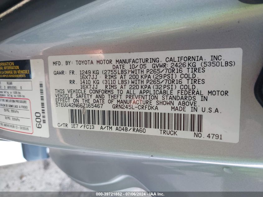 2006 Toyota Tacoma Base V6 VIN: 5TEUU42N66Z165467 Lot: 39721852