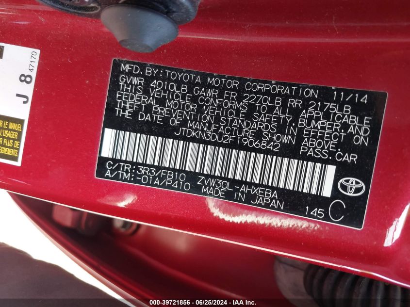 2015 Toyota Prius Three VIN: JTDKN3DU2F1906842 Lot: 39721856