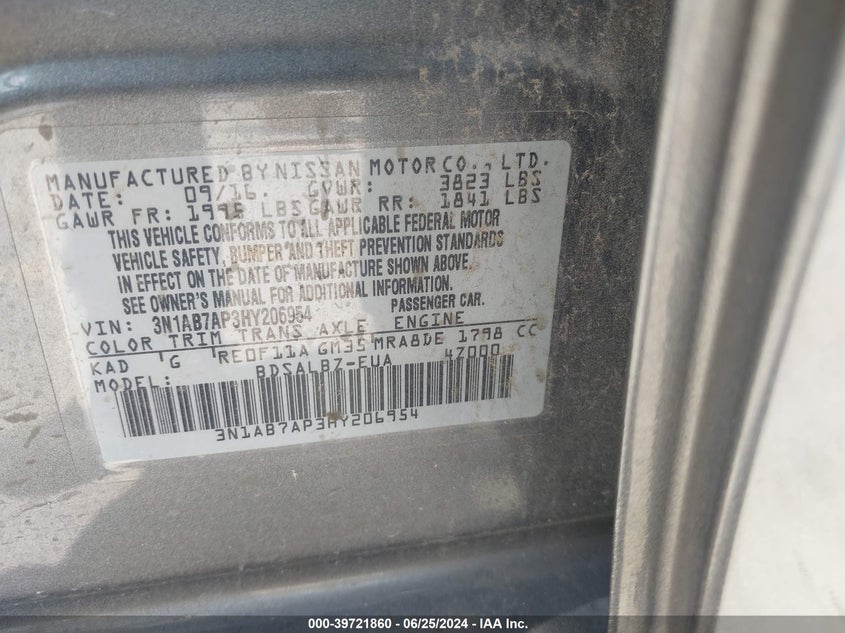 2017 Nissan Sentra S VIN: 3N1AB7AP3HY206954 Lot: 39721860