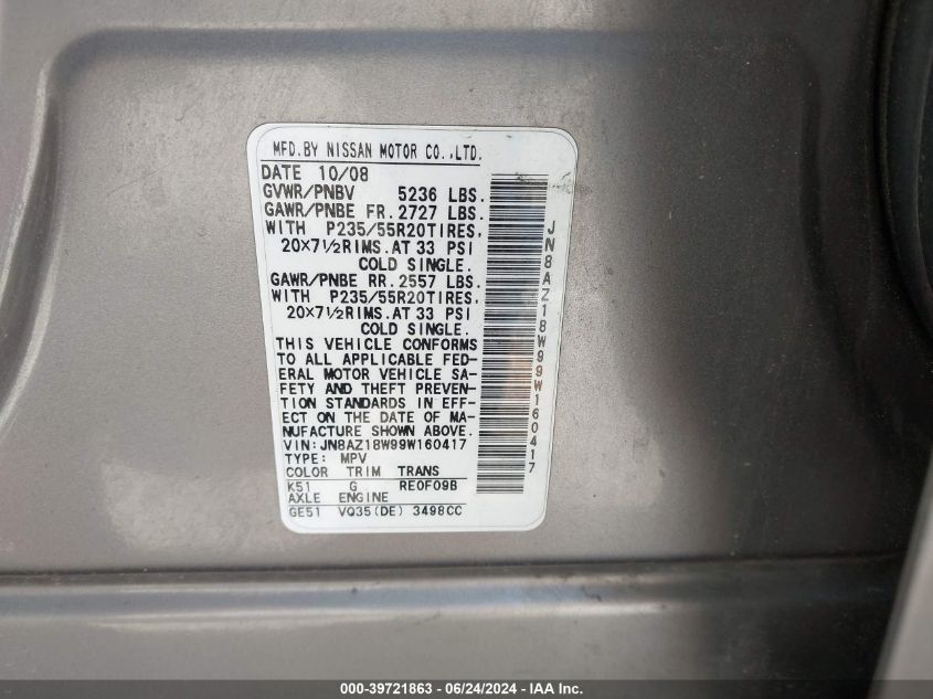 2009 Nissan Murano Le VIN: JN8AZ18W99W160417 Lot: 39721863