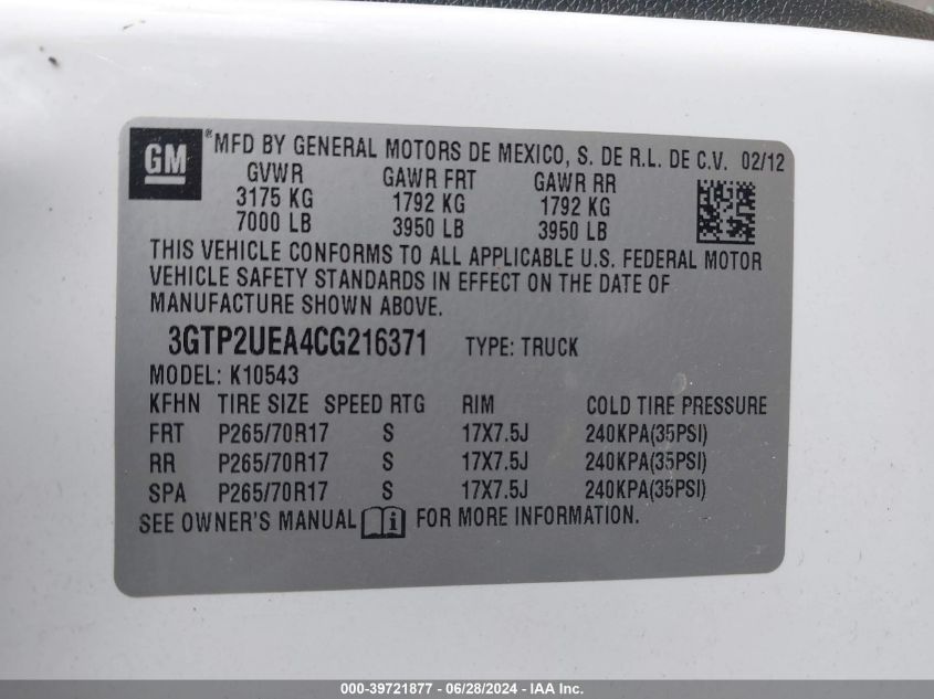 2012 GMC Sierra K1500 Sl VIN: 3GTP2UEA4CG216371 Lot: 39721877