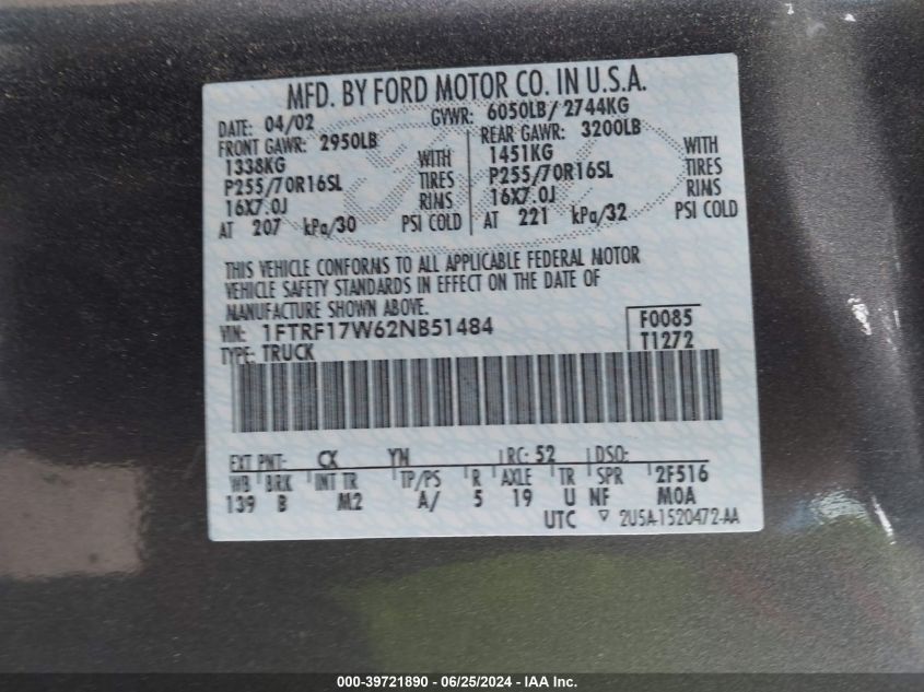 2002 Ford F-150 VIN: 1FTRF17W62NB51484 Lot: 39721890