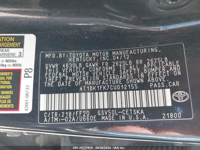 2012 Toyota Camry Se V6 VIN: 4T1BK1FK7CU012155 Lot: 39721910