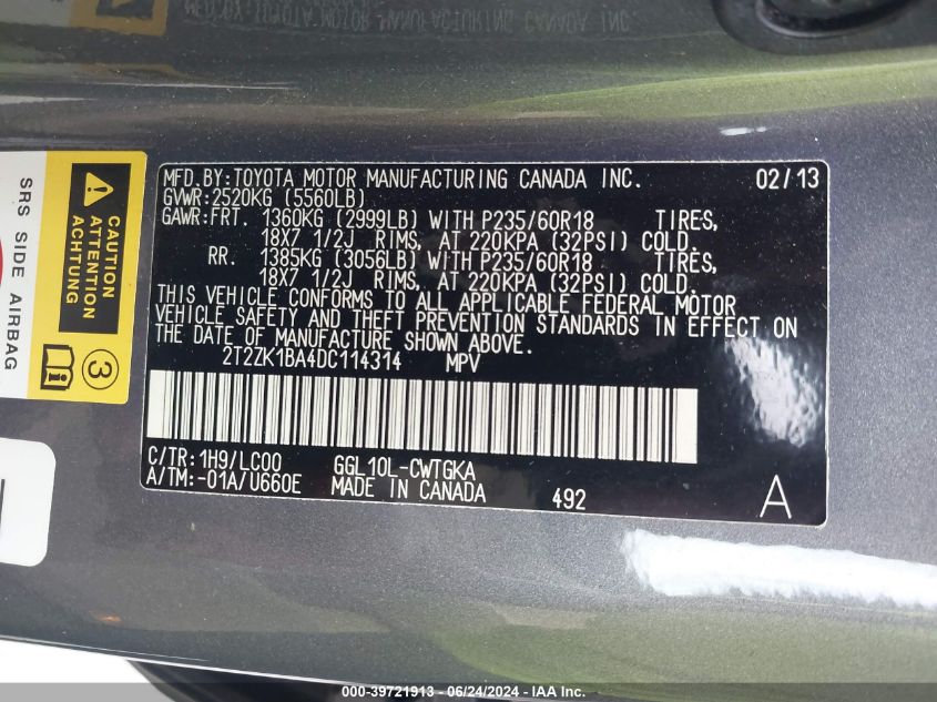 2T2ZK1BA4DC114314 2013 Lexus Rx 350