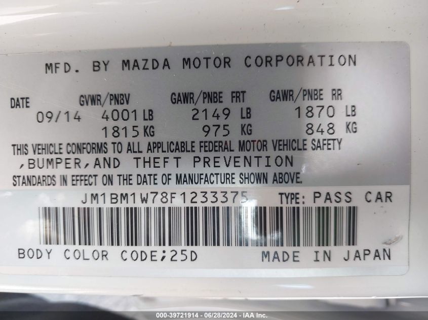 2015 Mazda Mazda3 I Grand Touring VIN: JM1BM1W78F1233375 Lot: 39721914